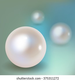 3 Pearls vector with shadow on a blue bokeh fog background.
