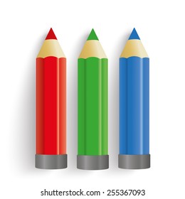 3 pencils in red, green and blue colors on the white. Eps 10 vector file.