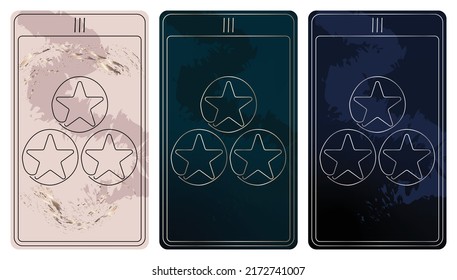 3 of Pentacles. A card of Minor arcana one line drawing tarot cards. Tarot deck. Vector linear hand drawn illustration with occult, mystical and esoteric symbols. 3 colors. Proposional to 2,75x4,75 in