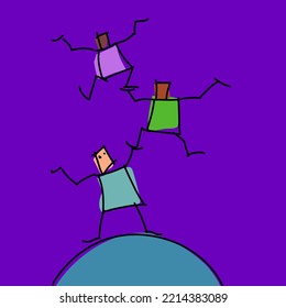 3 people balancing on world