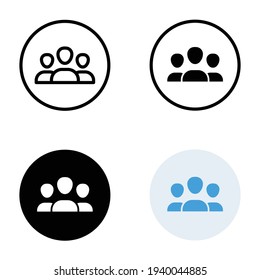 3 people icon in different style. Outline, glyph, solid, and flat style design. Multi user, circle, group, person, service concept. Crowd sign symbol. Vector illustration isolated. EPS 10.