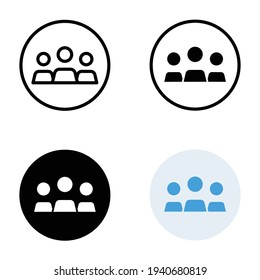 3 people icon in different style. Outline, glyph, solid, and flat style design. Multi user, circle, group, person, service concept. Crowd sign symbol. Vector illustration isolated. EPS 10.