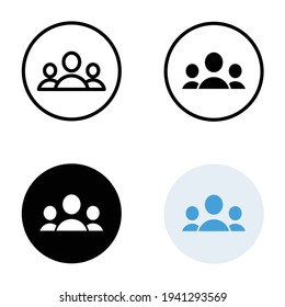 3 people icon in different style. Outline, glyph, solid, and flat style design. Multi user, circle, group, person, service concept. Crowd sign symbol. Vector illustration isolated. EPS 10.
