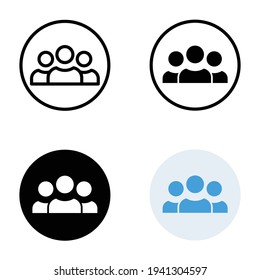 3 people icon in different style. Outline, glyph, solid, and flat style design. Multi user, circle, group, person, service concept. Crowd sign symbol. Vector illustration isolated. EPS 10.