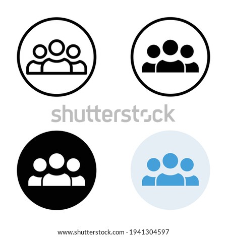 3 people icon in different style. Outline, glyph, solid, and flat style design. Multi user, circle, group, person, service concept. Crowd sign symbol. Vector illustration isolated. EPS 10.