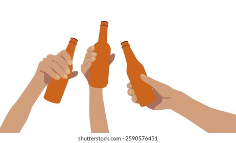 3 people raised bottles of beer, celebrating. For poster, card, banner, discount, special offer, cover, menu, advertising. Vector illustration EPS10 
