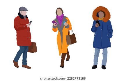 3 people walking and standing, using mobile phones on the go. Isolated on white background. Wearing warm winter clothes. Vector illustration.