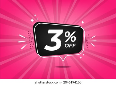 3 percent discount. Pink banner with floating balloon for promotions and offers.