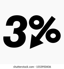The 3  percent drop icon is dark.  Price drop. Interest rate reduction. Stock symbol. Discount. Markdown of goods. Bonus discount. Vector icon.