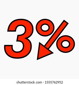 The 3 percent reduction icon is red.  Price drop. Interest rate reduction.  Stock symbol. Discount. Markdown of goods. Bonus discount. Vector icon.