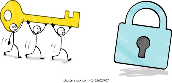 3 Person carrying the key for locking - Hand drawn