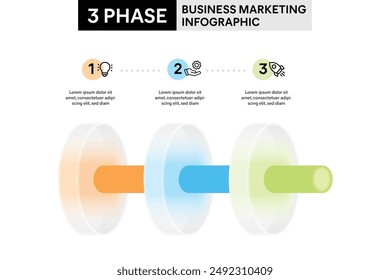 3 Phase Circle Shape Infographic in Glassmorphism Style with Cylinder Pipeline Infographic Template Illustration for Business Report.