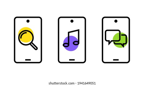 3 teléfono plano, búsqueda de conjunto de smartphones, música, icono de línea de vector chat