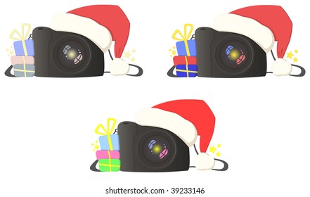 3 photo cameras with presents and New Year hat. Different colors. Vector illustration. It is also easy to change colors to your own.