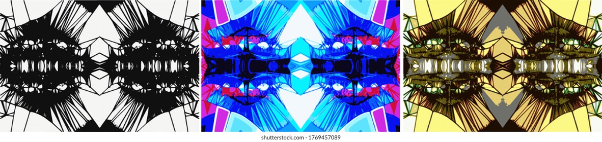 3 pieces, 3D luxury, abstract vector. Empty, blue and yellow background with fractal effect