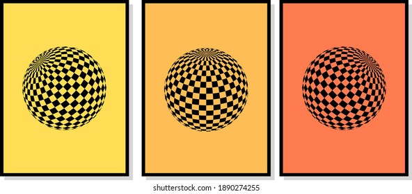 3 pieces poster with abstract circles consisting of squares in 3D perspective. Abstract wall art, globes in contemporary style. Minimalistic triptych in bright colours