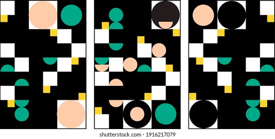 Cartel de 3 piezas con formas geoméricas abstractas. Resumen de arte en la pared, estilo contemporáneo. Tríptico minimalista en colores brillantes