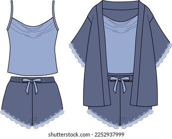 3 pieces set for home wear. sleepwear drawing. robe kimono short lace top set  Women pajama sleepwear with crop top and wide short pant. Technical Fashion Illustration.