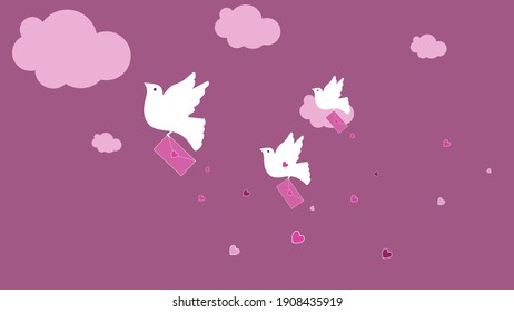 3 pigeons delivering love letters, on a pink background