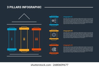 Diagrama de proceso infográfico de 3 pilares con estructura simple con lista apilada en columna derecha con fondo oscuro Estilo de contorno brillante Vector de 3 puntos