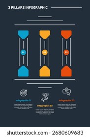 3 pillars infographic process diagram with triangle badge top and bottom pillars with circle center with dark background bright outline style 3 points vector