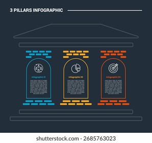 3 pillars infographic process diagram with brick accessories with round rectangle container with dark background bright outline style 3 points vector - Powered by Shutterstock - Get 15% off with code: PIKWIZARD15