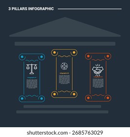 3 Säulen infographisches Prozessdiagramm mit einfacher Säule mit großer fett Kante mit dunklem Hintergrund heller Umriss Stil 3 Punkte Vektor
