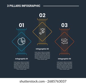 Diagrama de proceso infográfico de 3 pilares con forma de rombo con color transparente con fondo oscuro Estilo de contorno brillante Vector de 3 puntos