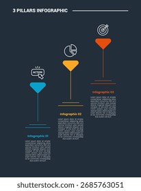 3 pillars infographic process diagram with triangle shape with long vertical line with dark background bright outline style 3 points vector
