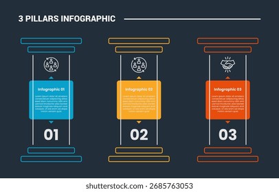 Diagrama de processo infográfico de 3 pilares com pilares em pé com emblema de caixa redonda com fundo escuro brilhante estilo de contorno 3 pontos vetor