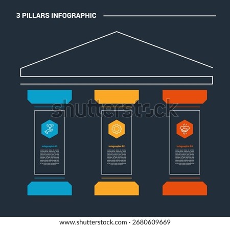 3 pillars infographic process diagram with simple structure pillars with hexagon badge with dark background bright outline style 3 points vector