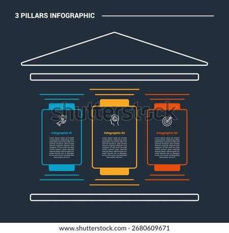 3 pillars infographic process diagram with simple structure with round spotlight container box with dark background bright outline style 3 points vector