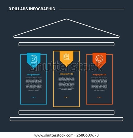 3 pillars infographic process diagram with line vertical rectangle with arrow bookmark badge with dark background bright outline style 3 points vector