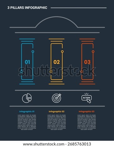3 pillars infographic process diagram with pillars with dot line slice cut with dark background bright outline style 3 points vector