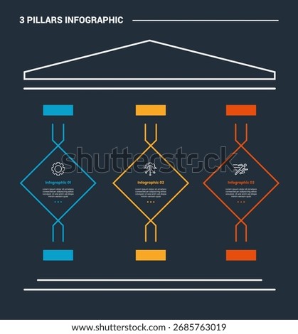 3 pillars infographic process diagram with rhombus shape on pillars with twisted line with dark background bright outline style 3 points vector