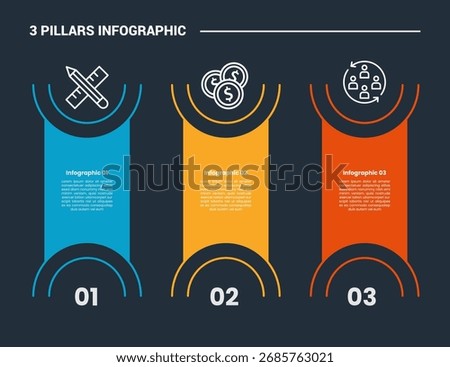 3 pillars infographic process diagram with standing pillars with half circle slice cut on top and bottom with dark background bright outline style 3 points vector