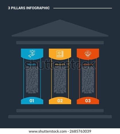 3 pillars infographic process diagram with pillar container box with top and bottom badge with dark background bright outline style 3 points vector