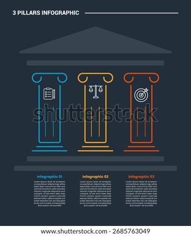 3 pillars infographic process diagram with ancient pillar style with dark background bright outline style 3 points vector