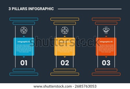 3 pillars infographic process diagram with standing pillars with round box badge with dark background bright outline style 3 points vector