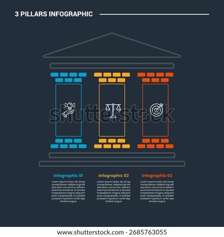 3 pillars infographic process diagram with brick structure on up and down position with dark background bright outline style 3 points vector