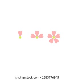 3 pink flowers with different number of petals. Growing process vector flat icon. Growth, complexity, difficulty level, investment buttons. Isolated on white. Harvest, product, offspring.