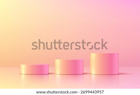 3 pink yellow 3D cylindrical podium background with  empty space wall scene. Minimalist mockup pedestal, Abstract stands product display presentation, Stage for showcase. Platforms vector design.