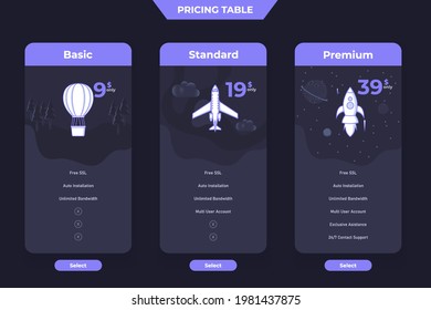 3 Plan Pricing Table Template Design, Dark Theme Illustration