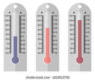 3 plastic thermometer designs of varying temperatures and colours isolated on a white background