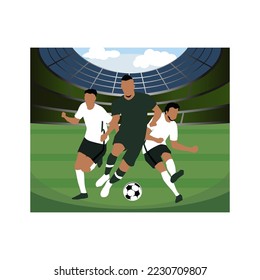 Fútbol de 3 jugadores en un estadio, ilustración vectorial