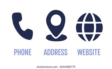 3 Playful Simple Icons Phone Address Website, Call Number, Location Home, Site Internet Globe Map Marker Icon Set