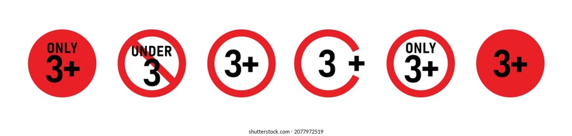 3 plus Zeichensatz. Drei. Altersbeschränkungen, Zensur und elterliche Kontrolle. Icon für Inhalt, Filme, Essen, Saft und Spielzeug.