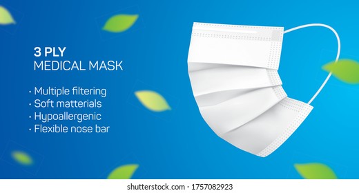 3 Ply Disposable Mask Vector Flyer Design With Copy Space. White Medical Face Mask With Green Leaves Flying In The Air. Corona Virus Disease And Pollution Protective Surgical Mask Concept Background.