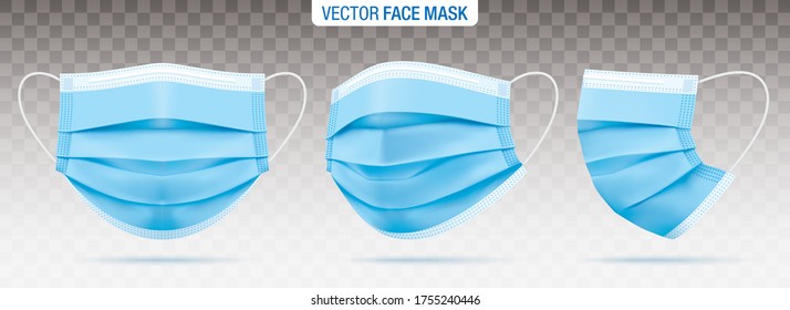 3 ply surgical face masks isolated on a transparent background. Vector set of disposable blue medical masks. Corona virus protection mask with ear loop, in a front, three-quarters, and side views.