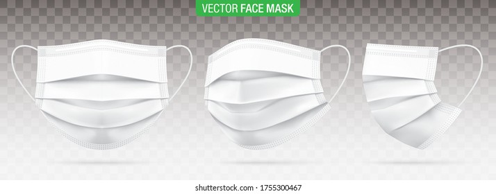 3 ply surgical face masks isolated on a transparent background. Vector set of disposable white medical masks. Corona virus protection mask with ear loop, in a front, three-quarters, and side views.